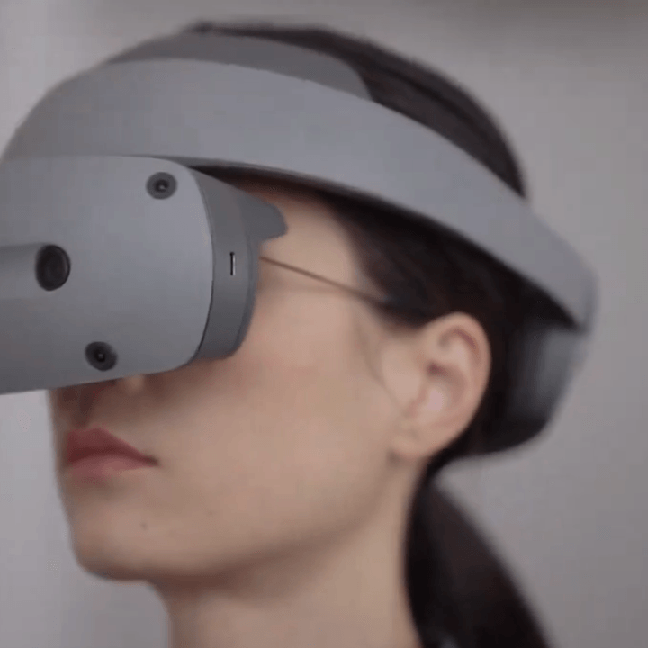 The Sony XR headset being worn on a someone's face.