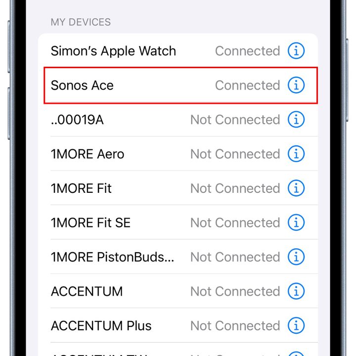 The Sonos Ace headphones appearing on the iOS Bluetooth devices list.