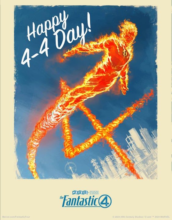 The Human Torch flies in promo art for The Fantastic Four.