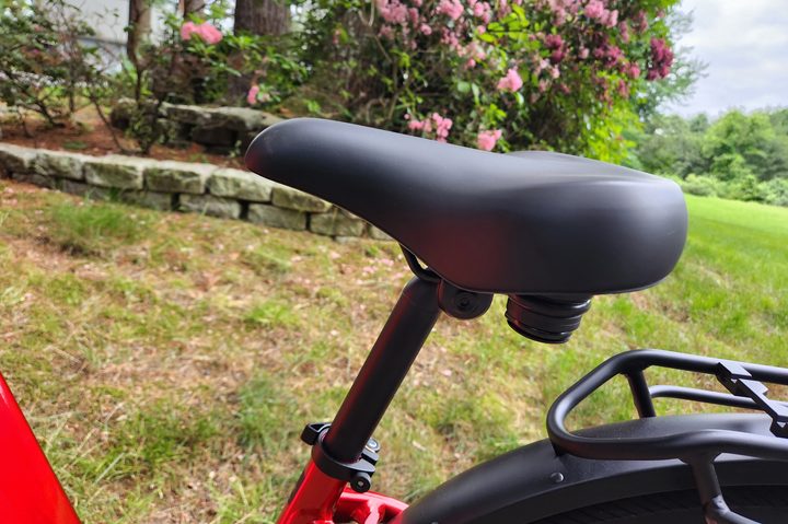 The Velotric Discover 2 has a comfortable plush seat with easy height, depth, and angle adjustment.