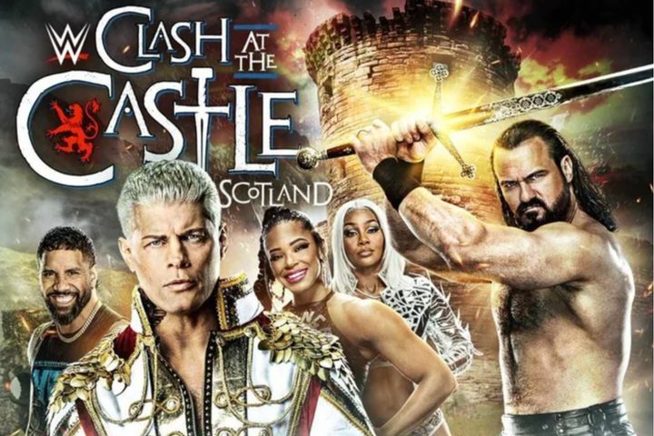 WWE wrestlers pose on the poster for Clash at the Castle.