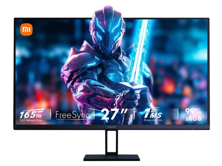 The Xiaomi G27i gaming monitor on a white background, with a video game character on the screen.