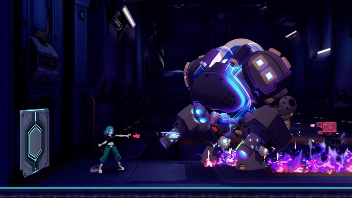 Blue haired girl shooting big armored robot in laboratory Yars Rising