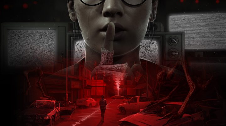 The cover art for A Quiet Place. There's a person at the top in black and white holding a finger to their lips. Below them is a red empty street.