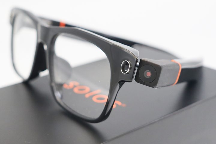 A promotional image of the camera on the Solos AirGo Vision smart glasses.