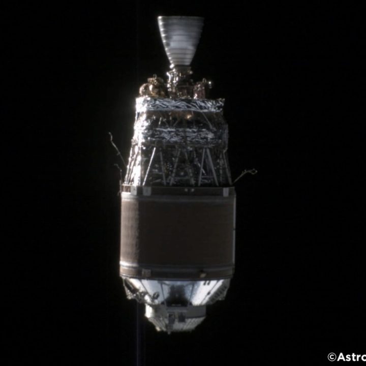 An image of a spent rocket part captured by an Astroscale satellite.