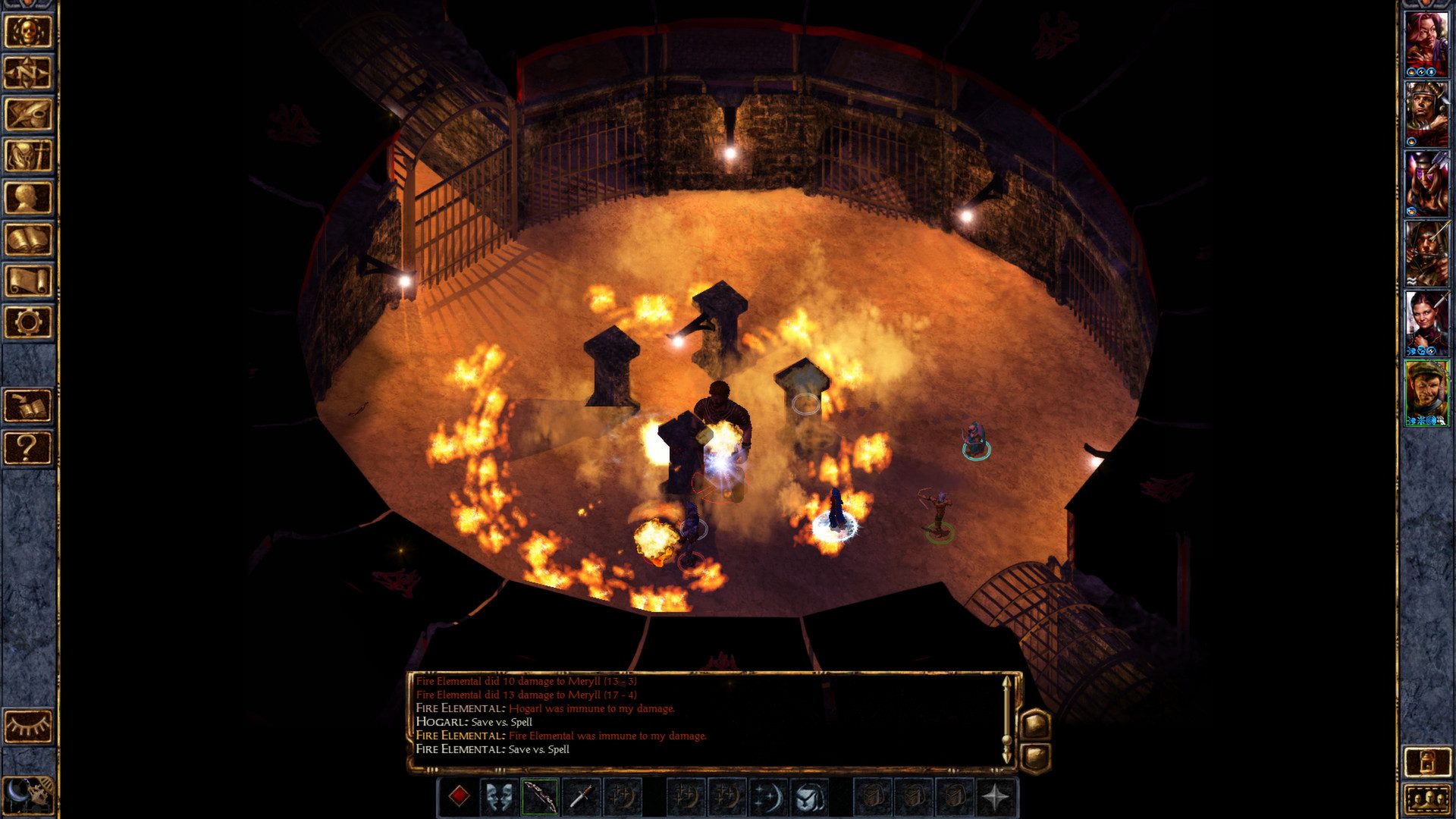 فريقك يقاتل عناصر النار في Baldur's Gate: Enhanced Edition. يوجد مربع حوار في الأسفل وقوائم على الجانبين.