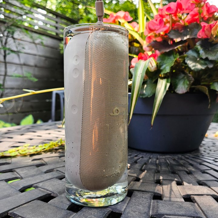 Beats Pill (2024) in Champagne/Gold in a water-filled glass vase.