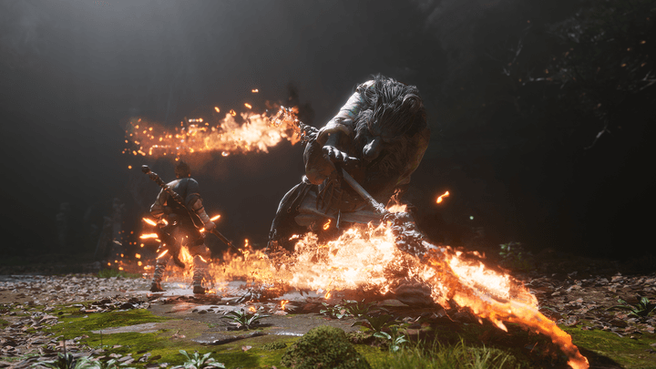 A monkey man faces off against a fiery boss in Black Myth: Wukong.