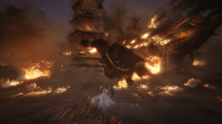 A big boss dives at the main character of Black Myth: Wukong.