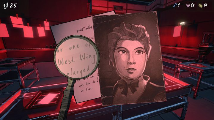 A magnifying glass hovers over a clue in Blue Prince.