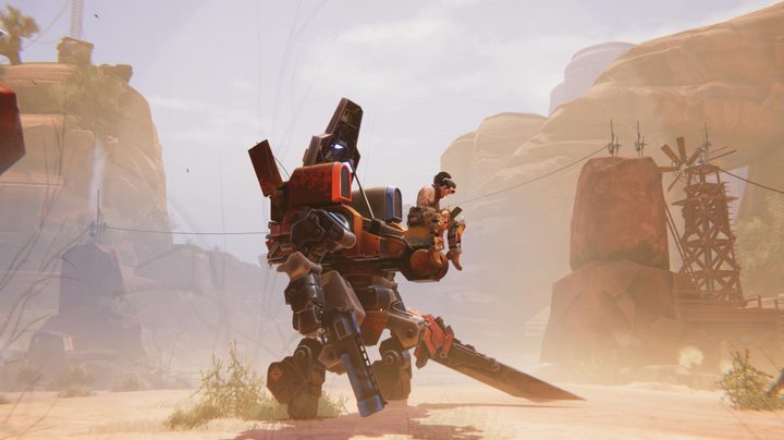 A mech stands in a desert in Bounty Star.