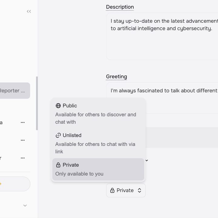 Setting your Character AI profile to private.