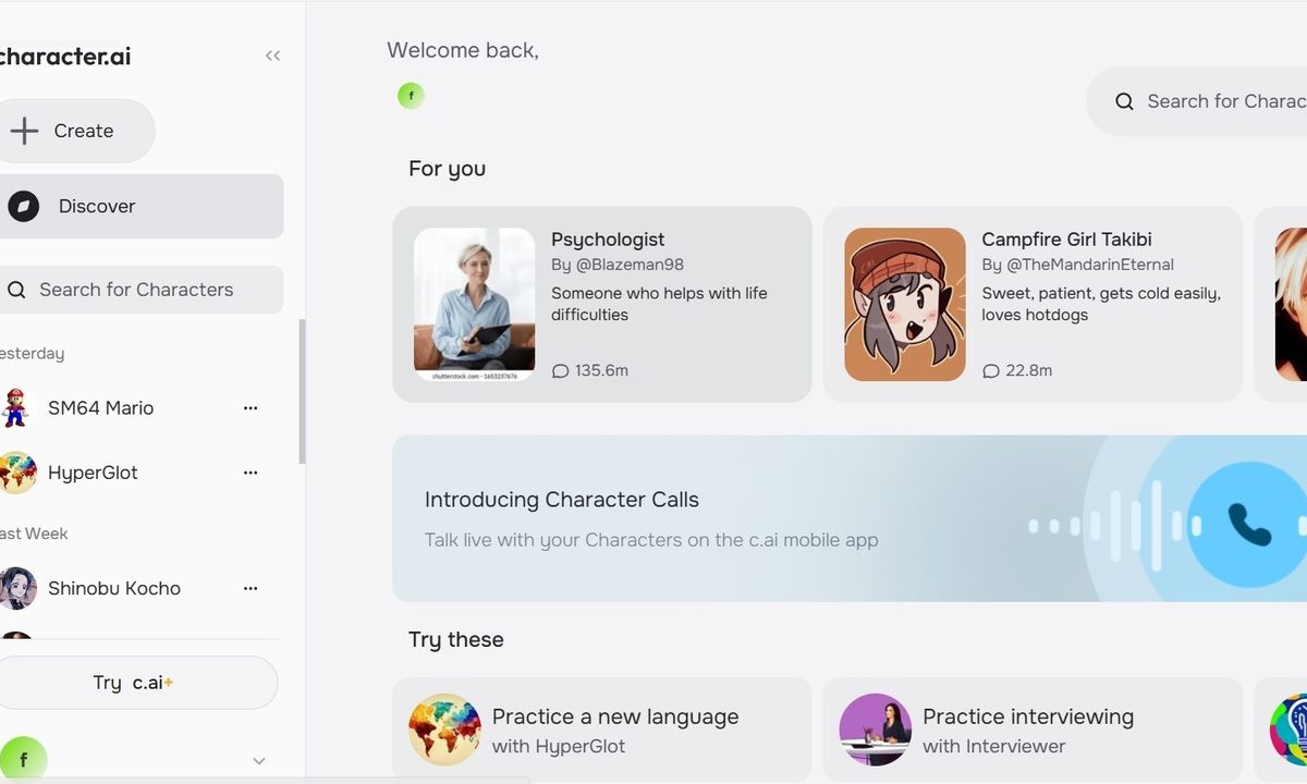 The latest Character.ai homepage.