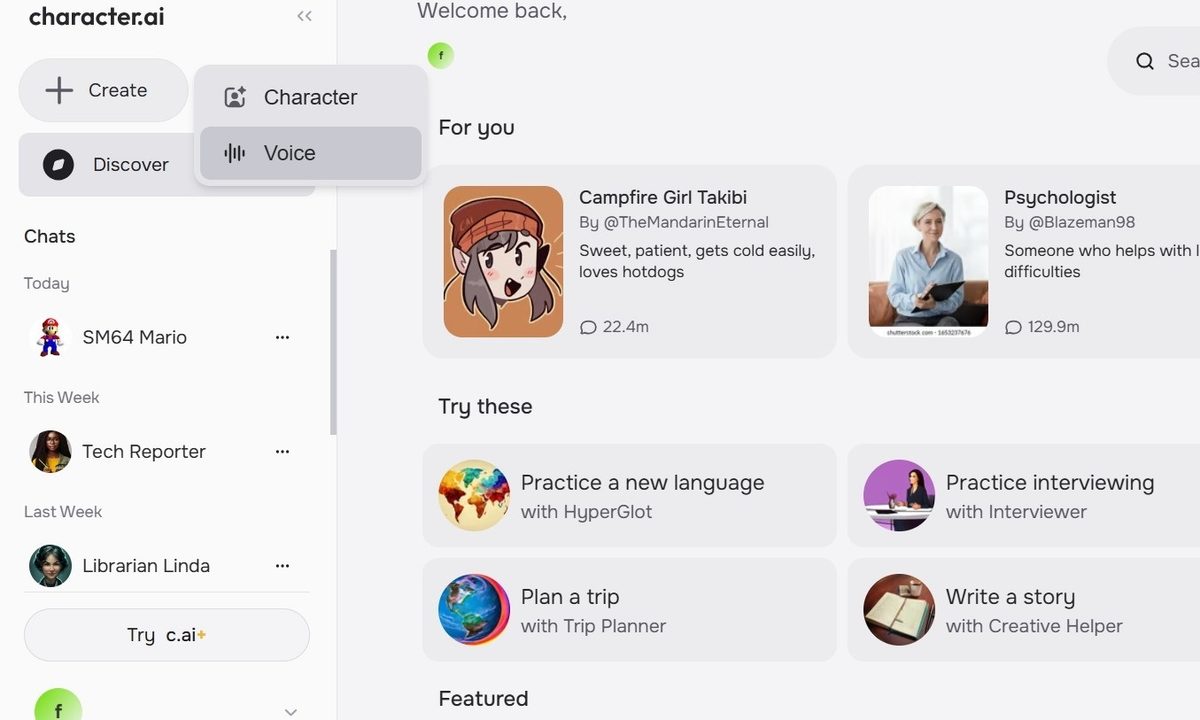 Character.AI homepage with voice highlight.