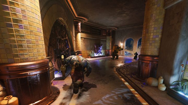 Three characters holding guns and running down a hallway in Concord.