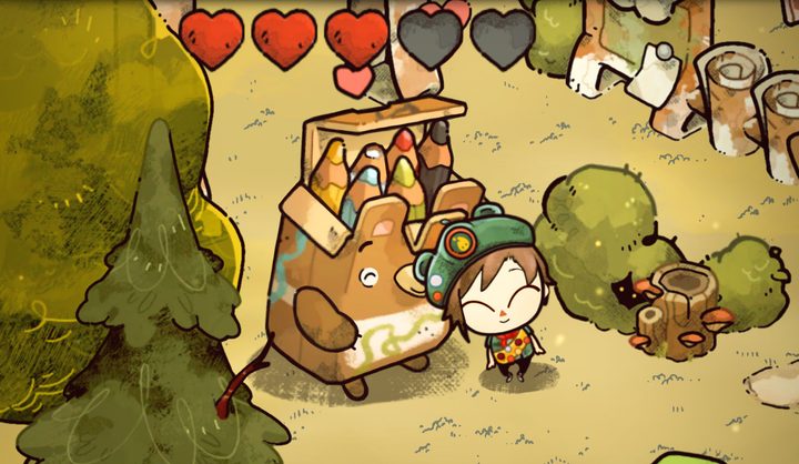 Your scout character standing next to a bear and smiling with three out of five hearts above them.