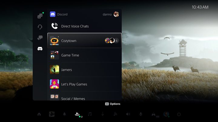A Discord popup on a PS5 home screen. Says Direct Voice Chats at the top with some users listed below it.