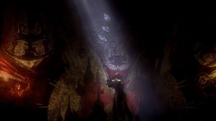 Solas standing in front of a Dread wolf mural in some concept art.