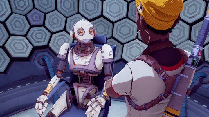 A character talks to an android in Dustborn.