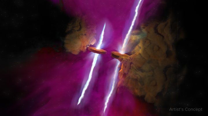 This artist&rsquo;s concept shows two young stars nearing the end of their formation. Encircling the stars are disks of leftover gas and dust from which planets may form. Jets of gas shoot away from the stars&rsquo; north and south poles.