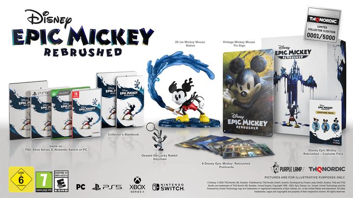 A render of the Epic Mickey Rebrushed Collector's Edition. You can see physical editions for Xbox, PlayStation, and Switch, Steelbooks, a 28cm Mickey statue, a vintage Mickey tin sign, an Oswald the Lucky Rabbit keychain, and postcards.