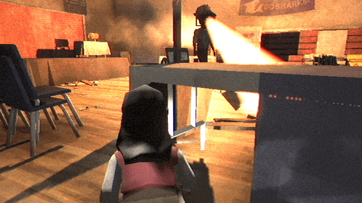 A woman hides from a spotlight-headed creature in Fear the Spotlight.