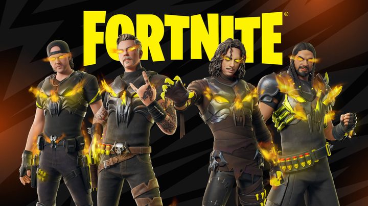 James Hetfield, Lars Ulrich, Kirk Hammett, and Robert Trujillo in their Puppet Master Fortnite outfits. Flames are coming out of their eyes.