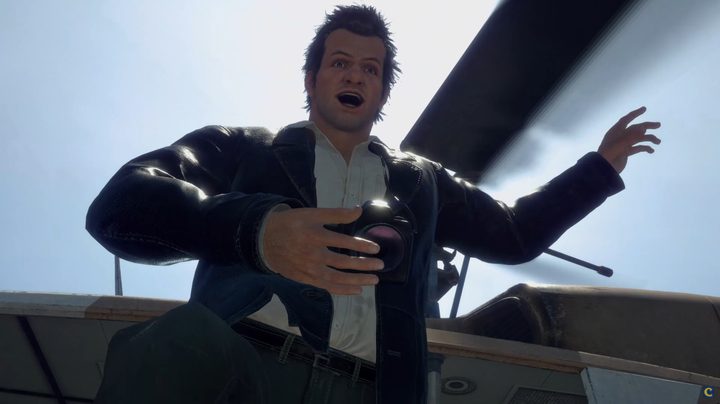 Frank West holding his camera about to hop out of a helicopter in the Dead Rising Deluxe Remaster.