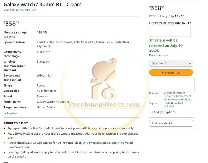 Leaked image of the Samsung Galaxy Watch 7 being sold on Amazon Canada.
