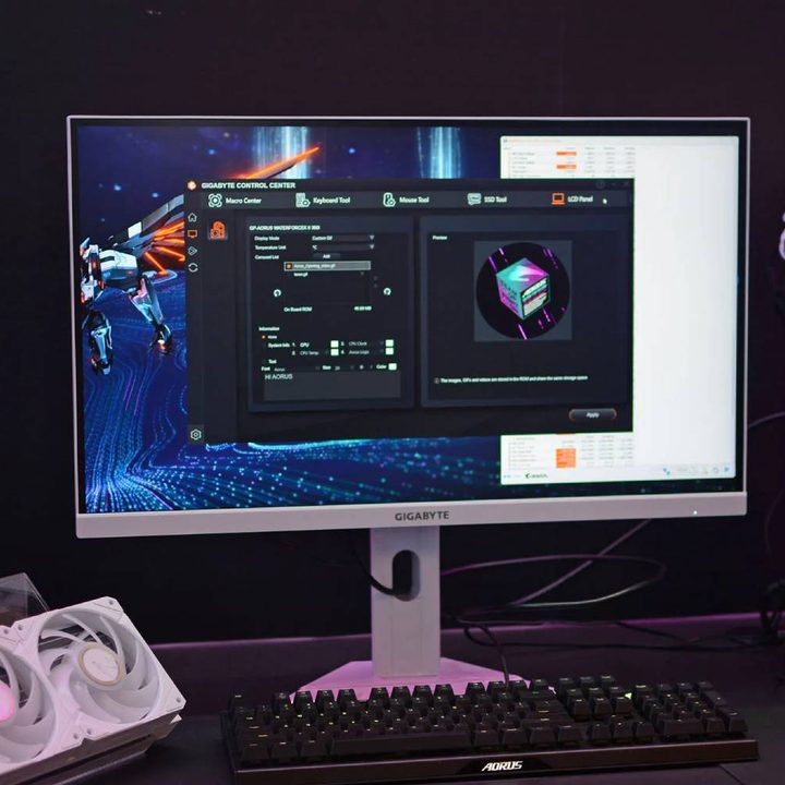 The Gigabyte M27W gaming monitor in white showcased at Computex 2024.