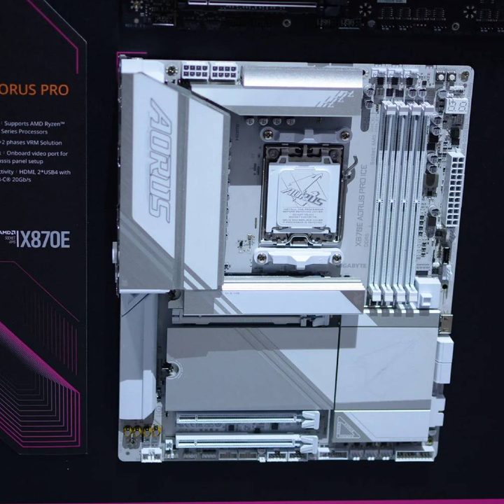 The Gigabyte Z Aorus Elite Wi-Fi 7 Ice motherboard showcased at Computex 2024.