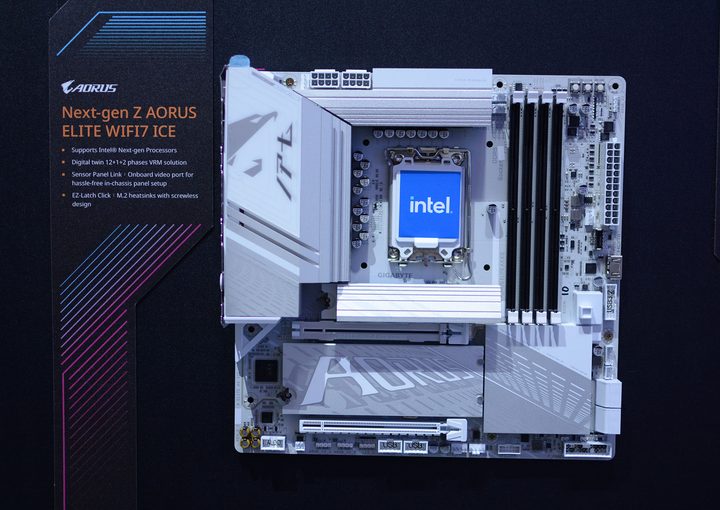 The Gigabyte Z Aorus Elite Wi-Fi 7 Ice motherboard showcased at Computex 2024.