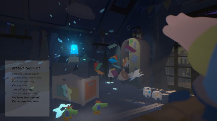 A baby moves toys with its mind in Goodnight Universe.
