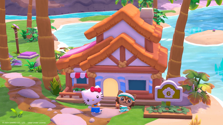 Hello Kitty stands outside a house in Hello Kitty: Island Adventure.