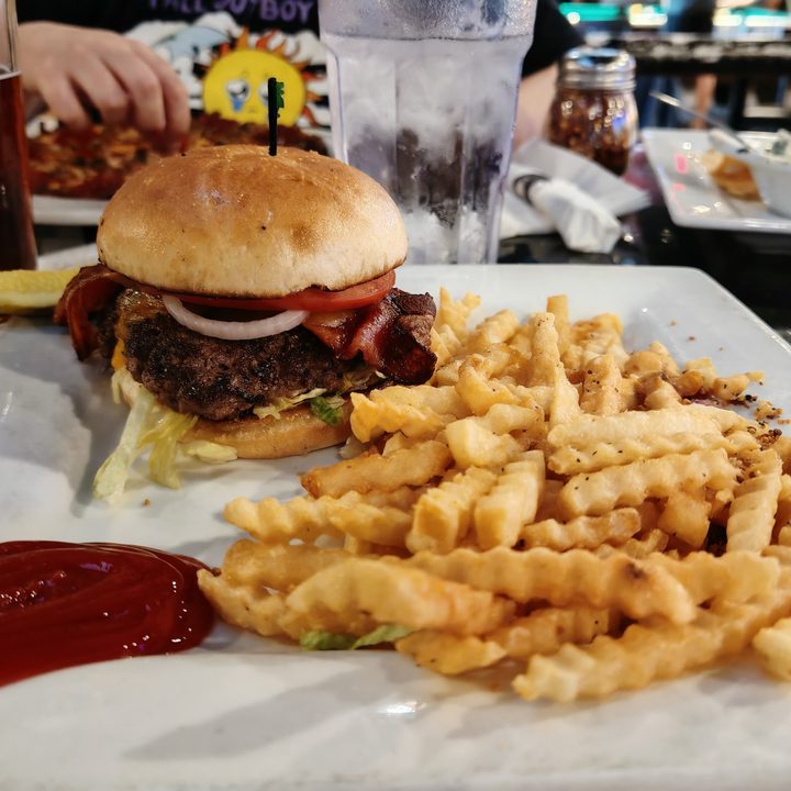 A photo of a burger and fries, taken with the Honor 200 Pro.