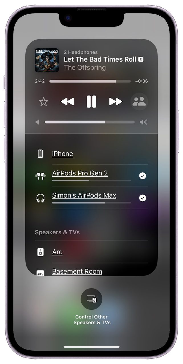 iPhone screen shots for how to connect two pairs of AirPods to your phone for shared audio.