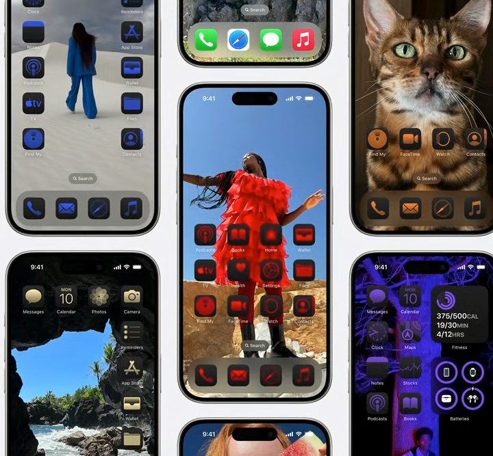 Examples of how iOS 18's home screen can be customized.