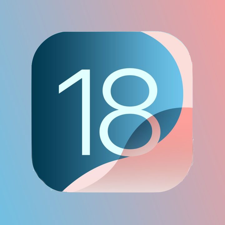 The iOS 18 logo against a blue and pink background.
