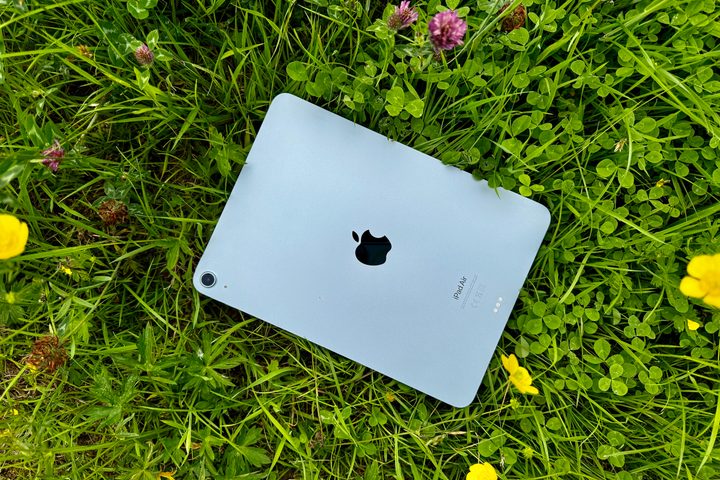 The back of the iPad Air (2024) laying on grass.