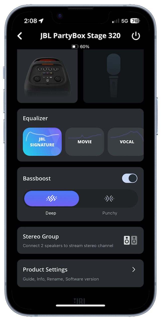 The JBL PartyBox app.