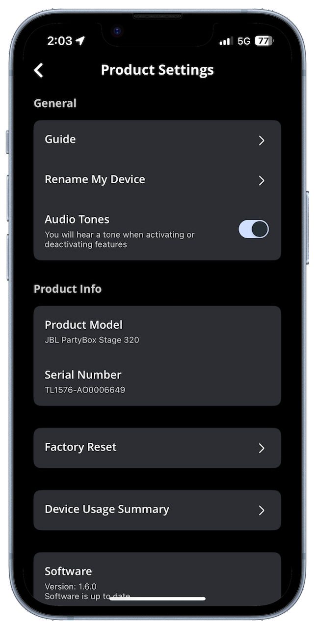 The JBL PartyBox app.