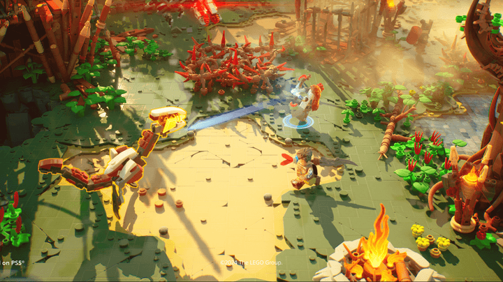 Aloy and a friend fight in Lego Horizon Adventures.