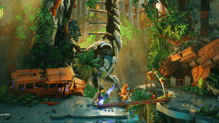 Aloy runs alongside a Tallneck in Lego Horizon Adventures.