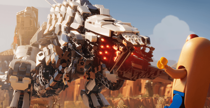 A Thunderjaw roars in Lego Horizon Adventures.