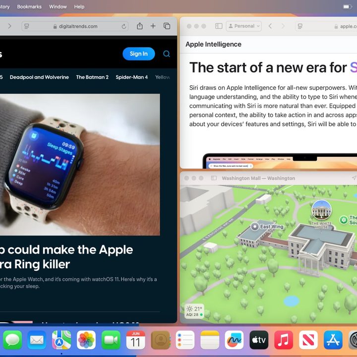 Three app windows arranged on a screen using window tiling in macOS Sequoia.