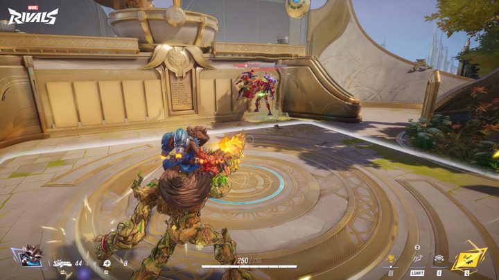Rocket rides on Groot's back in Marvel Rivals.