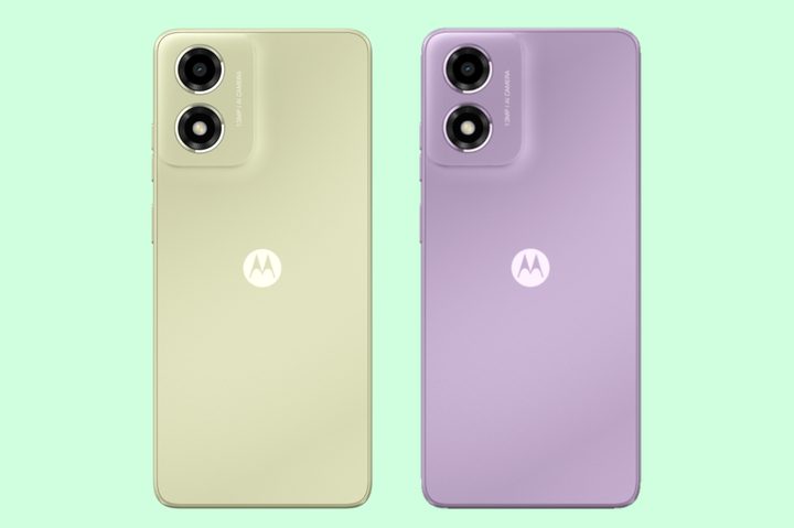 The Motorola E14 in its green and purple colors.