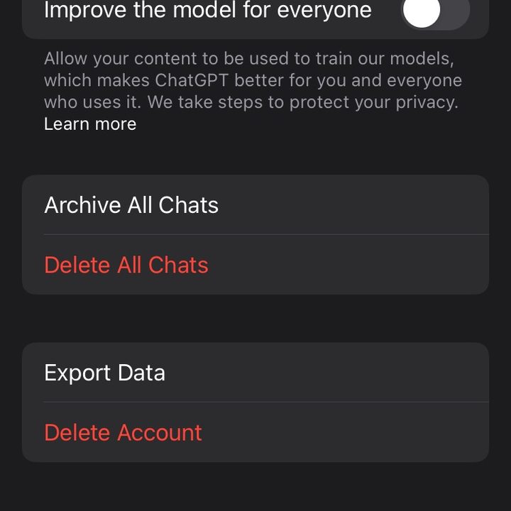 the model opt out screen on ChatGPT iOS