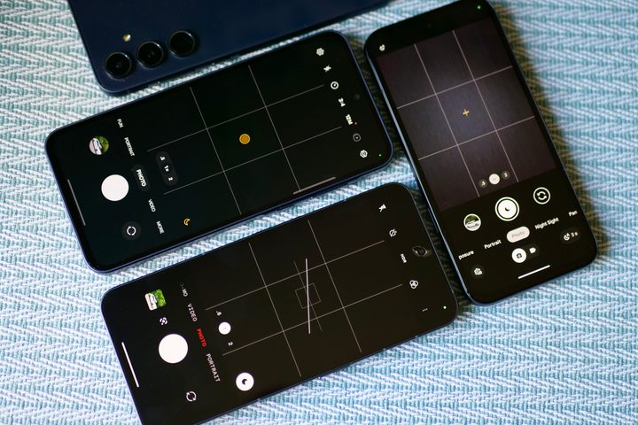 The Google Pixel 8a, Nothing Phone 2, and the Samsung Galaxy A55's camera apps.